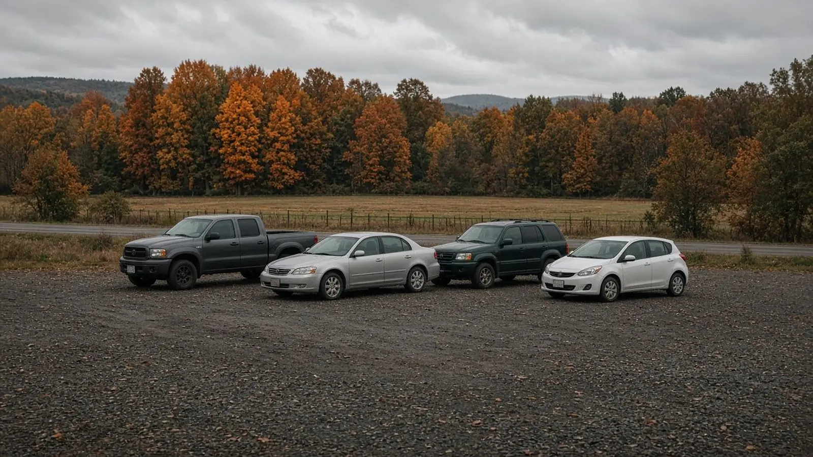 A row of four used vehicles — a pickup, a sedan, an SUV and a hatchback — parked on gravel in front of autumn trees.