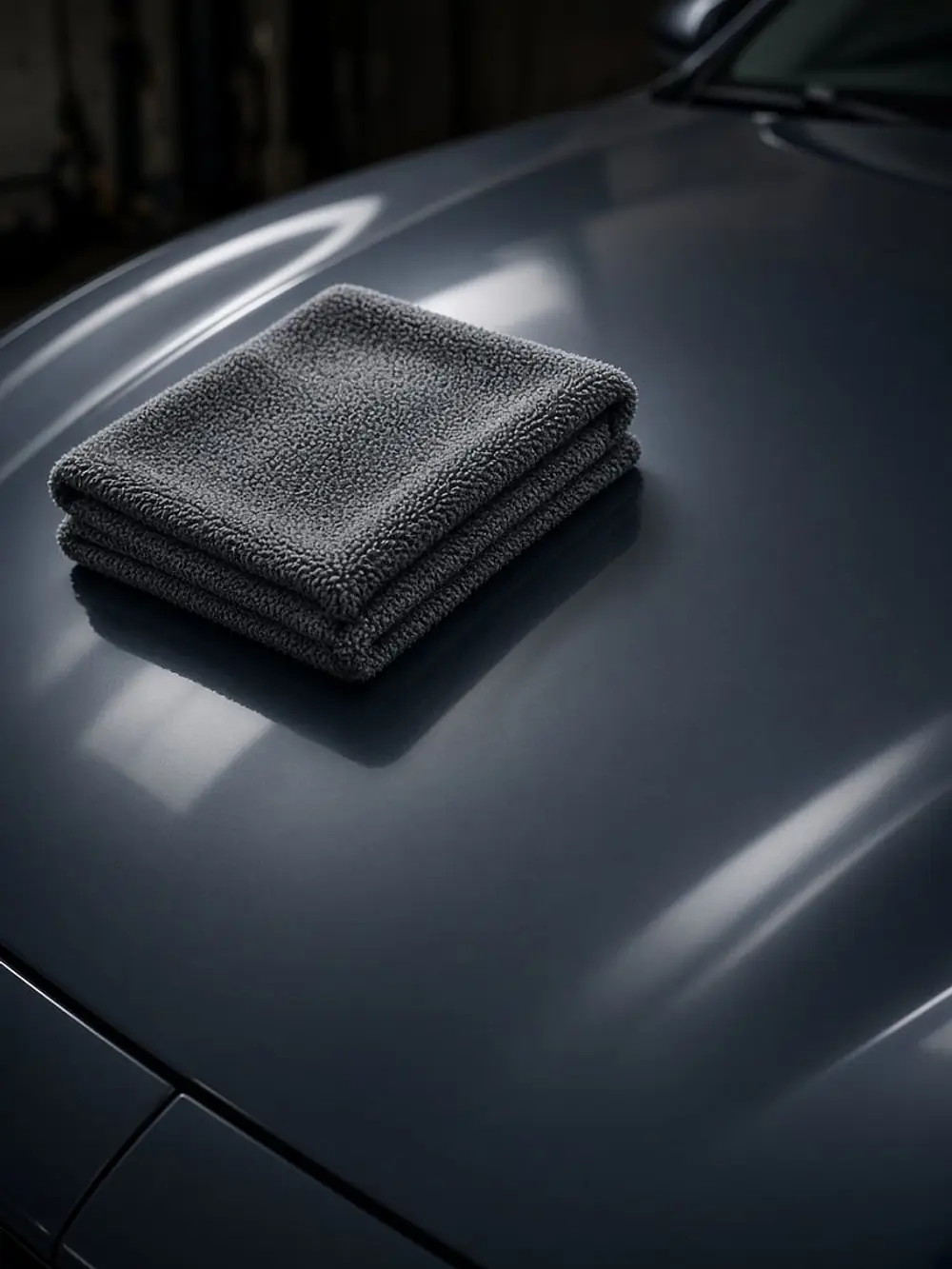 A folded grey microfiber towel resting on the polished hood of a dark car.